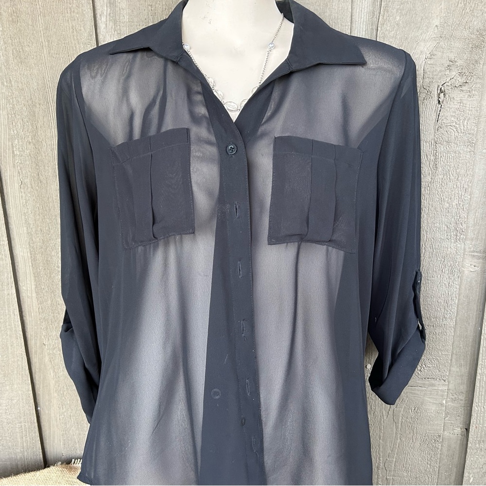 Black sheer top with button sleeves